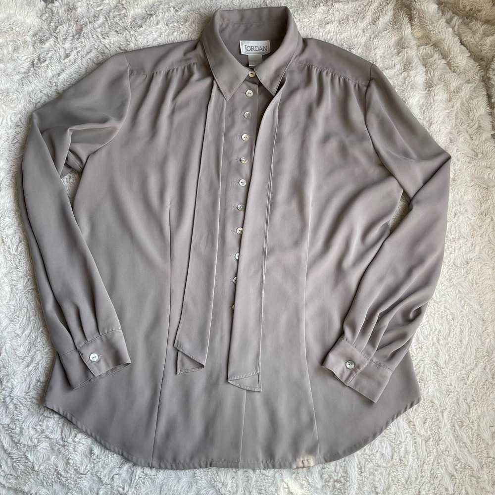 Vintage dove grey pussy bow tie neck blouse secretary 90s taupe long sleeve L - Picture 6 of 17